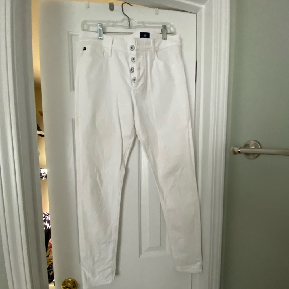 Button Fly white AG Farrah skinny jean.